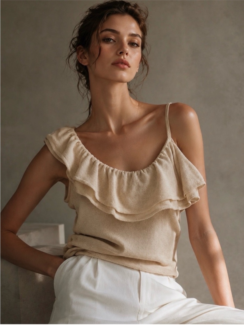 NWT Zara Ruffled One-Shoulder Small Knit Camisole - Cream